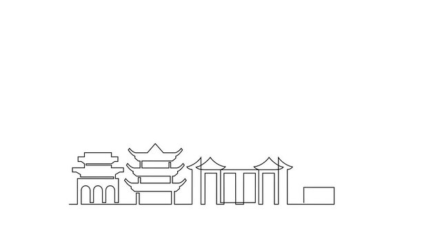 Animated self drawing of Chengdu skyline video design illustration. Modern city in China in simple linear style video design concept. Big city in China. Iconic architectural skyline building design.