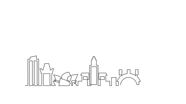 Animated self drawing of Los Angeles skyline video design illustration. Modern city in USA in simple linear style video design concept. Big city in USA. Iconic architectural skyline building design.