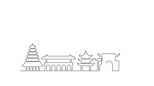 Animated self drawing of Xian skyline video illustration. Modern city in China in simple linear style video design concept. Big city in China. Iconic architectural skyline building video design.
