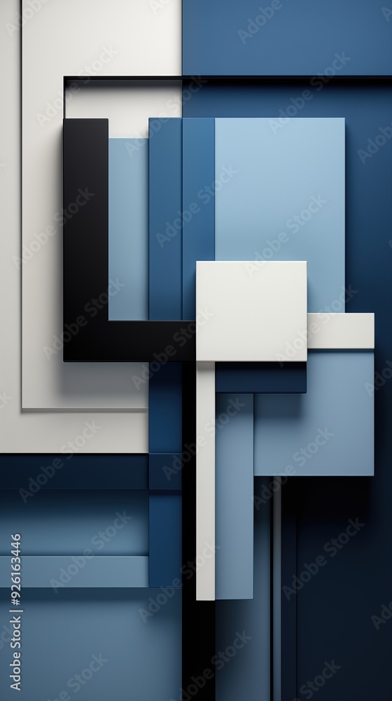 Poster an abstract composition featuring geometric shapes in varying shades of blue, black, and white. the 