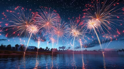 Fireworks Display Over Water at Night