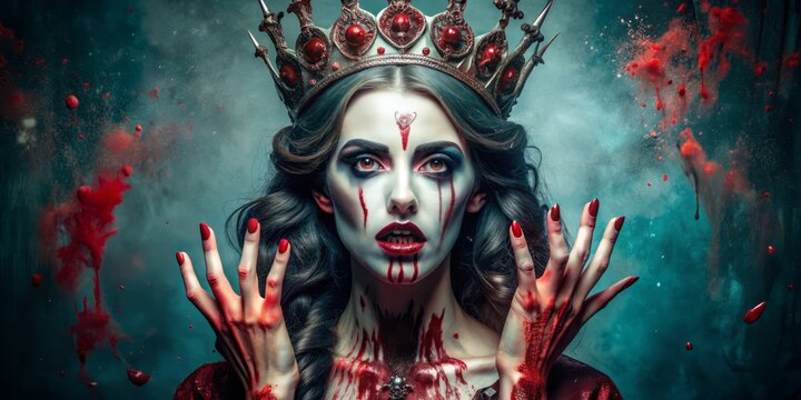 Elegant yet terrifying vampire zombie queen with crown, bloody red paint splatter, and gestural hands, set against a studio background, exudes a hauntingly beautiful Halloween presence.