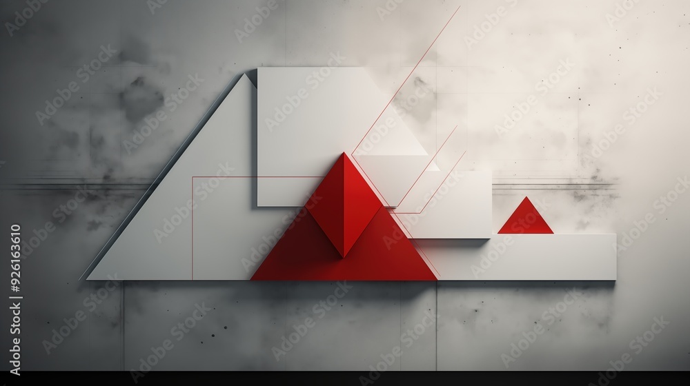 Poster an abstract composition featuring geometric shapes in white and red, including triangles and rectang