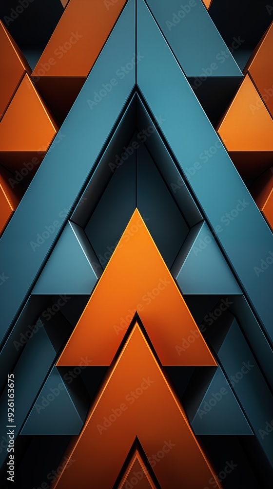 Poster an abstract composition featuring layered geometric shapes in orange and teal colors, creating a dyn