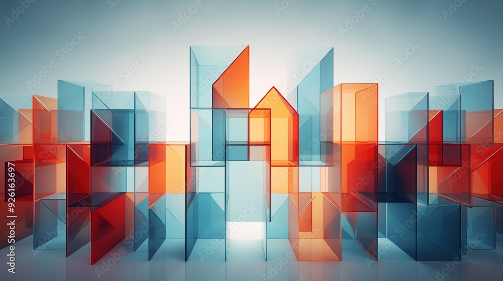 Poster an abstract composition of transparent glass-like geometric shapes in shades of blue and orange, cre
