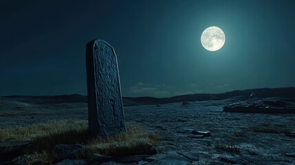 Eerie 3D Minimal Halloween Scene with Tombstone on Moonlit Landscape