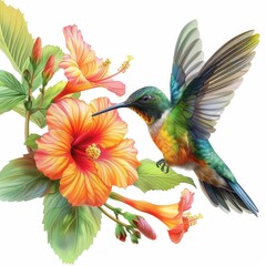 Fototapeta premium Hummingbird with Hibiscus Flowers.