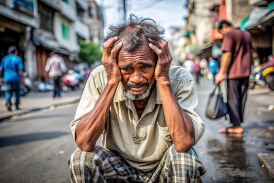 A distressed individual stands with slumped shoulders and hung head, conveying a sense of desperation and hopelessness amidst the bustling streets of Cilegon City.