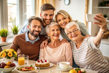 Happy family of four gathered around a decorated table, beaming with joy, taking a group selfie to commemorate a beloved elderly matriarch's special day.