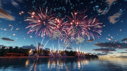 Fireworks Display Over Water at Dusk