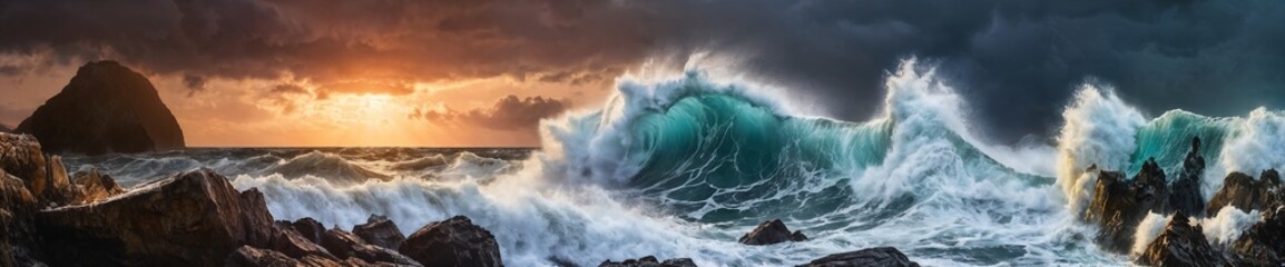 large blue wave crashing on the shore. Sun setting over the horizon. Rocky cliff.