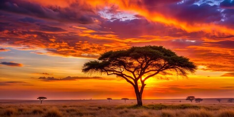 Obraz premium Breathtaking African savannah panorama featuring a majestic silhouette tree against vibrant orange and pink hues of a serene sunset and sunrise sky.