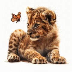 Obraz premium Curious Leopard Cub with Butterfly.