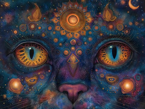 mystical cosmic cat with celestial patterns