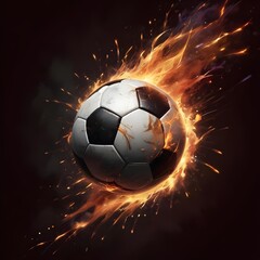 Fototapeta premium A flaming soccer ball in motion, surrounded by explosive fireworks and sparks against a dark background