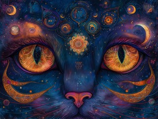 mystical cosmic cat with starry eyes