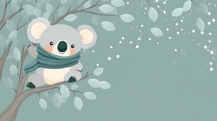 Fototapeta premium Cute Cartoon Koala Hanging on Eucalyptus Tree - Vector Illustration with Copy Space, Gray and Green Color Scheme for Banner or Poster Design