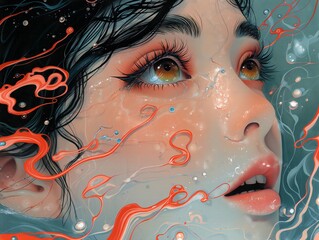 a woman with long eyelashes and a white veil is shown in front of a clear water.