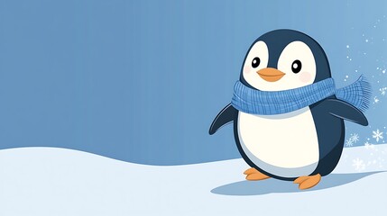 Naklejka premium Adorable Penguin Sliding on Ice - Winter Wonderland Cartoon Vector Illustration for Banner or Card with Copy Space