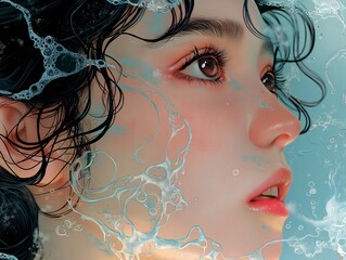 a woman with long eyelashes and a white veil is shown in front of a clear water.