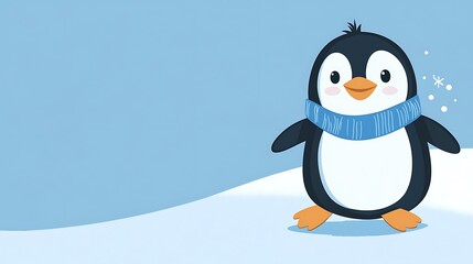 Playful Cartoon Penguin Sliding on Ice - Winter Vector Illustration Background with Copy Space for Banner or Poster