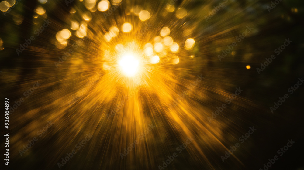 Poster sunlight filtering through trees creates a warm golden glow in a forest during the late afternoon