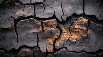 Detailed close-up of charred wood texture with cracks and dark coloration illuminated by soft light