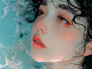 a woman with red lips and a red lip is covered in red and white paint.