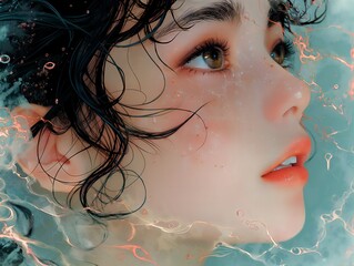 a woman with black hair and a white and red light on her face.