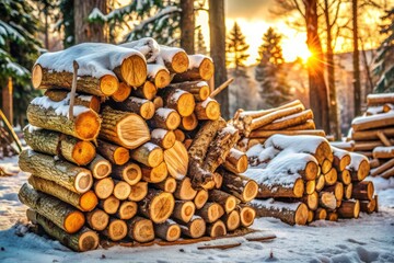 Stacked firewood logs and branches in a neat pile, ready for burning, symbolizing winter preparation and cozy warmth in a rustic outdoor setting.