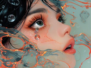 a woman with long eyelashes and a red lip is reflected in the water.