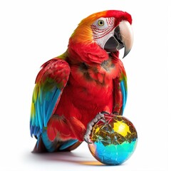 Obraz premium Scarlet Macaw Holding Colorful Ball.