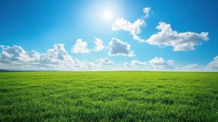 Fototapeta premium Green Grass Field Under Sunny Sky