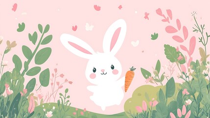Delightful Cartoon Bunny Hopping in Pink and Green Garden - Vector Illustration Background with Copy Space for Banner, Poster, Card Design