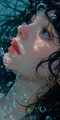 a woman with blue eyes and a red lip is under water.