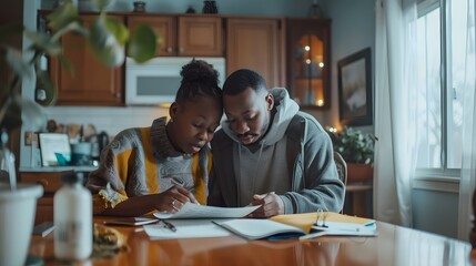 Obraz premium A couple in cozy homewear sit at a table engrossed