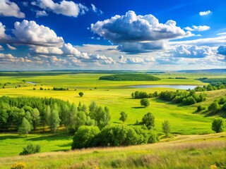 Obraz premium Vast, serene, and untouched, endless flat meadows stretch beneath a brilliant blue sky in the picturesque Jewish Autonomous Region near Khabarovsk, Russia.