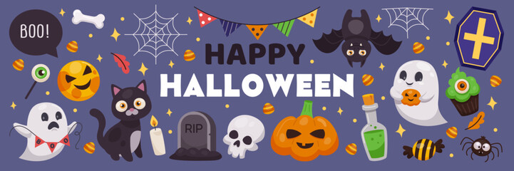 Halloween cute element. Cartoon fun icon, sticker for kid. Spider web, ghost, pumpkin. Graphic doodle childish party decorative isolated elements. Flat baby autumn holiday. Vector tidy illustration