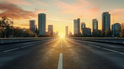 Fototapeta premium A beautiful sunset casts a warm glow over an empty highway, with modern skyscrapers rising alongside under a colorful sky