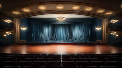 Elegant Theater Stage with Blue Curtains and Chandeliers Classic Venue with Luxurious Details