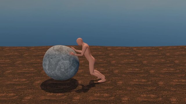 Man Pushing Boulder Sisyphus 3D Animation