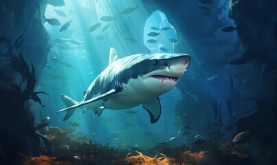 Obraz premium An illustration of a friendly shark swimming through an underwater cave