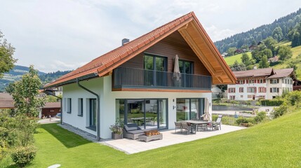 A house with a balcony and patio on the side of it, AI
