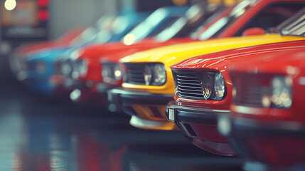 Used cars for sale A row of cars are parked in a lot, with some being yellow and others being blue Rows of cars in the parking lot, Generative AI