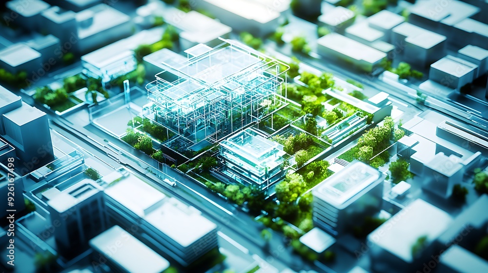 Aufkleber futuristic urban planning model with ai-optimized designs and augmented reality visualizations