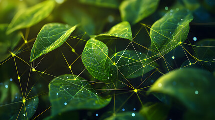 Green leaves connected by network lines concept for natural network ecology organic sustainable green digital technology nature conservation environmental friendly