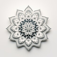 Minimalistic mandala artwork. A beautifully intricate paper cut design resembling a mandala, featuring layered floral patterns in white and light gray tones. 
