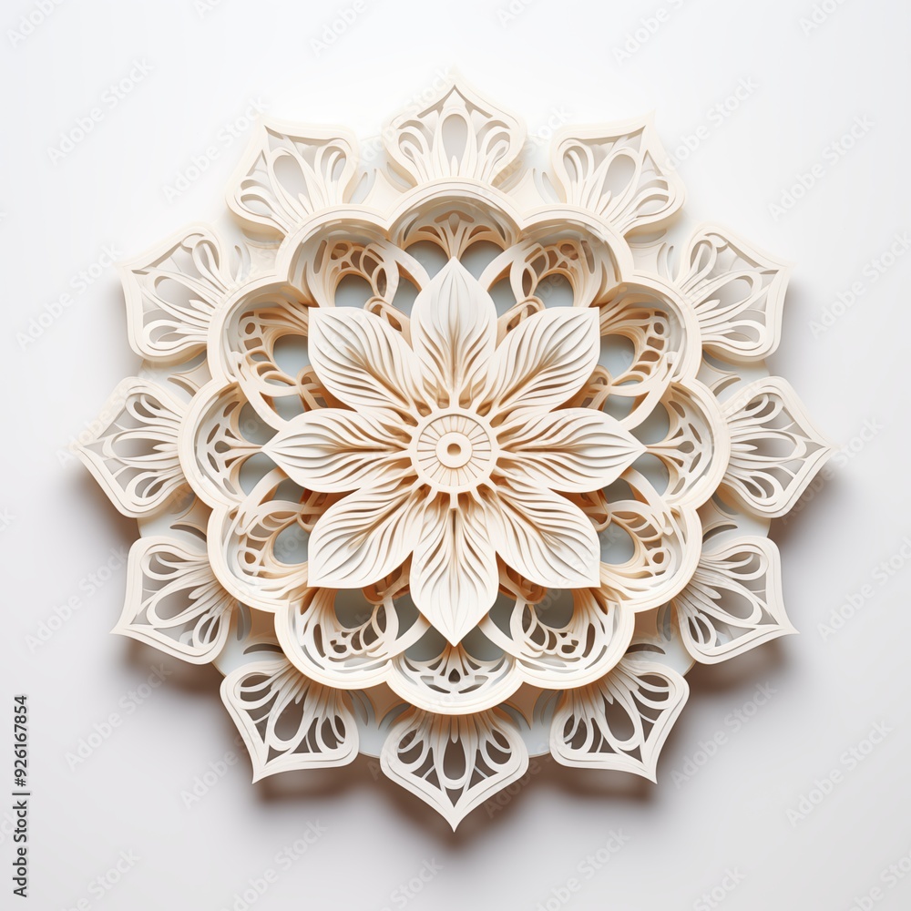 Poster minimalistic mandala artwork. an intricate, layered paper art design featuring a floral mandala with