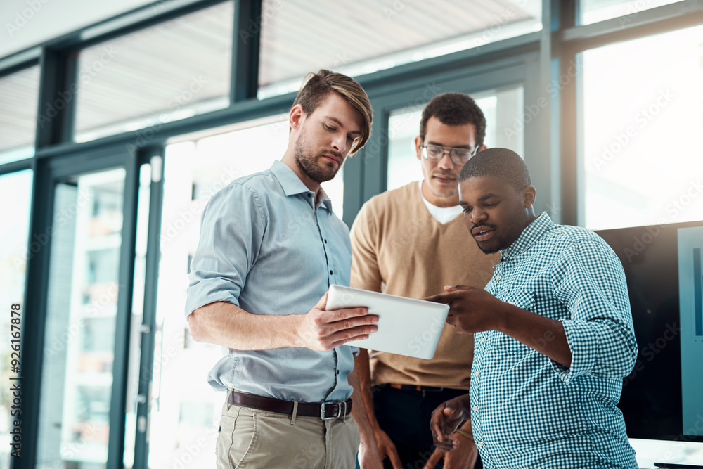 Poster Tablet, business men and web collaboration for app developer project with website design ideas in office. Brainstorming, tech and teamwork of employee with talk for homepage layout and planning