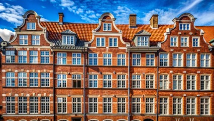 Fototapeta premium Red brick façade with white windows adorns a historic building in Copenhagen, Denmark, showcasing traditional Scandinavian architecture in a vibrant urban setting.
